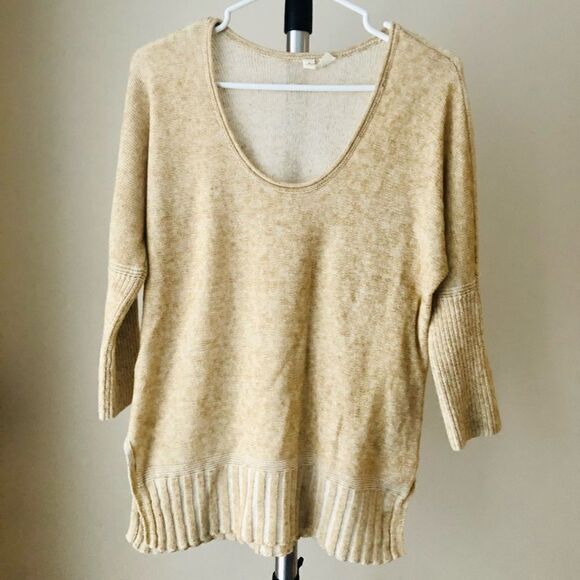 ANTHROPOLOGIE MOTH Cotton Linen 3/4 Sleeve Sweater in Tan Yellow Gold / Sz S - Picture 2 of 7